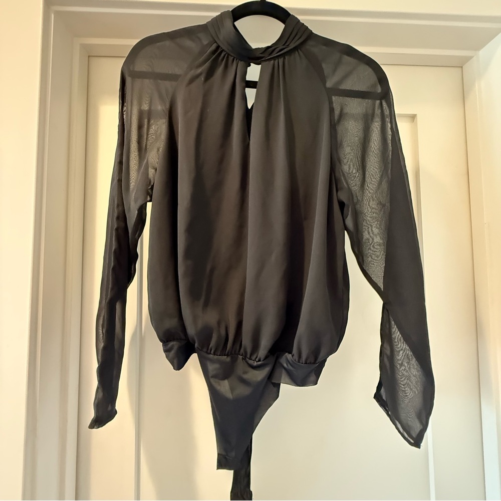 Black Sheer Long Sleeve Bodysuit with Mandarin Collar